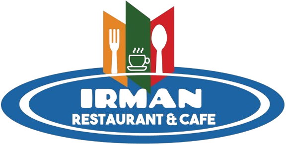 A logo for Irman Restaurant and Cafe featuring the restaurant's name stylized within a spoon and fork crossed over a coffee cup.